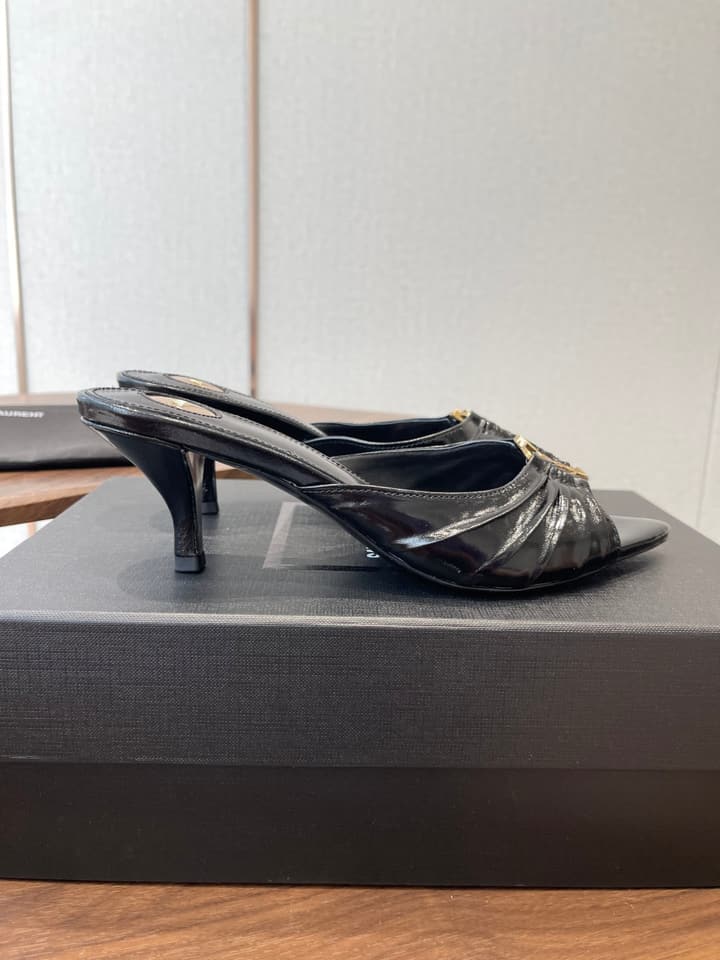 Saint Laurent Pointed Toe Stiletto Heeled Sandals – 26SS in Black - Gold Logo Plaque