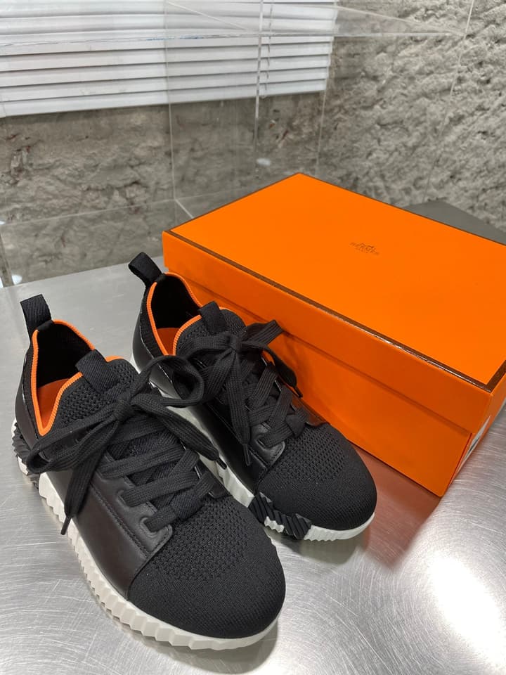 Hermès Sport Sneakers – Iconic Orange Edge in Black Knit With Black Laces