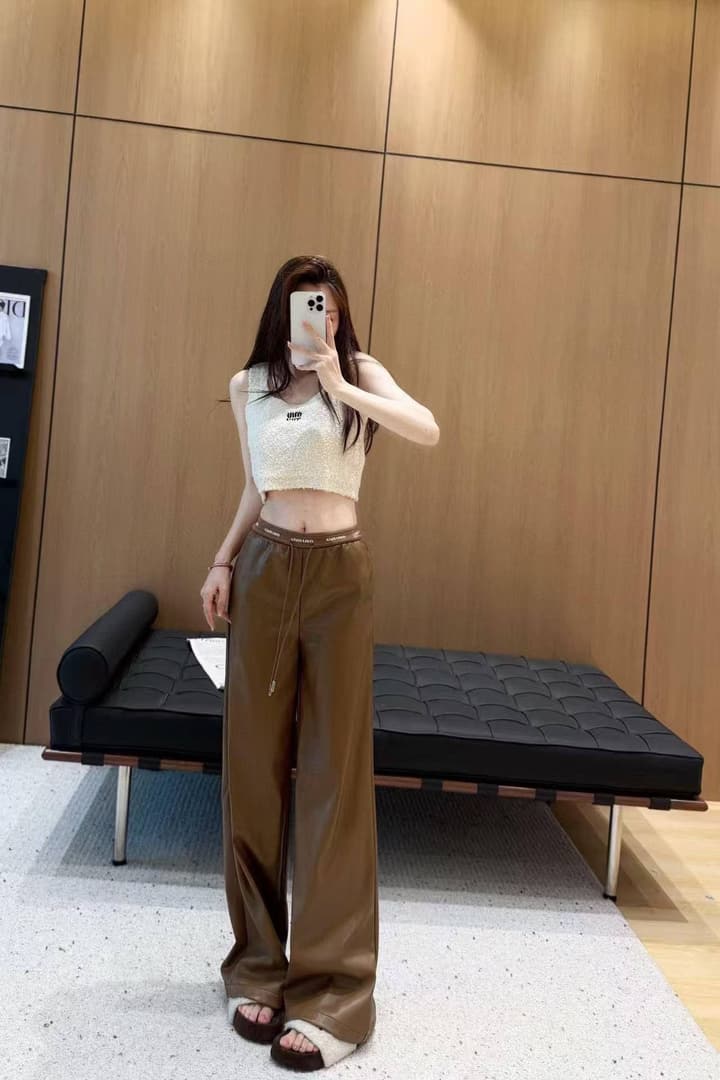 Miu Miu Letter Elastic Waist Straight Leather Pants in Black
