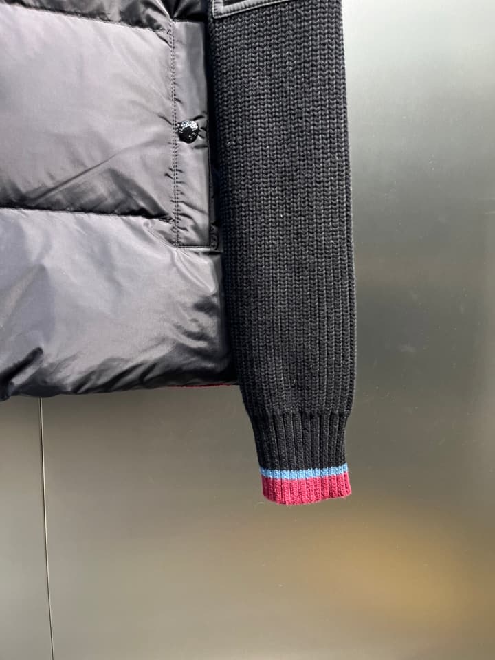 Moncler Knitted Patchwork Stand-Collar Jacket in Dark Brown