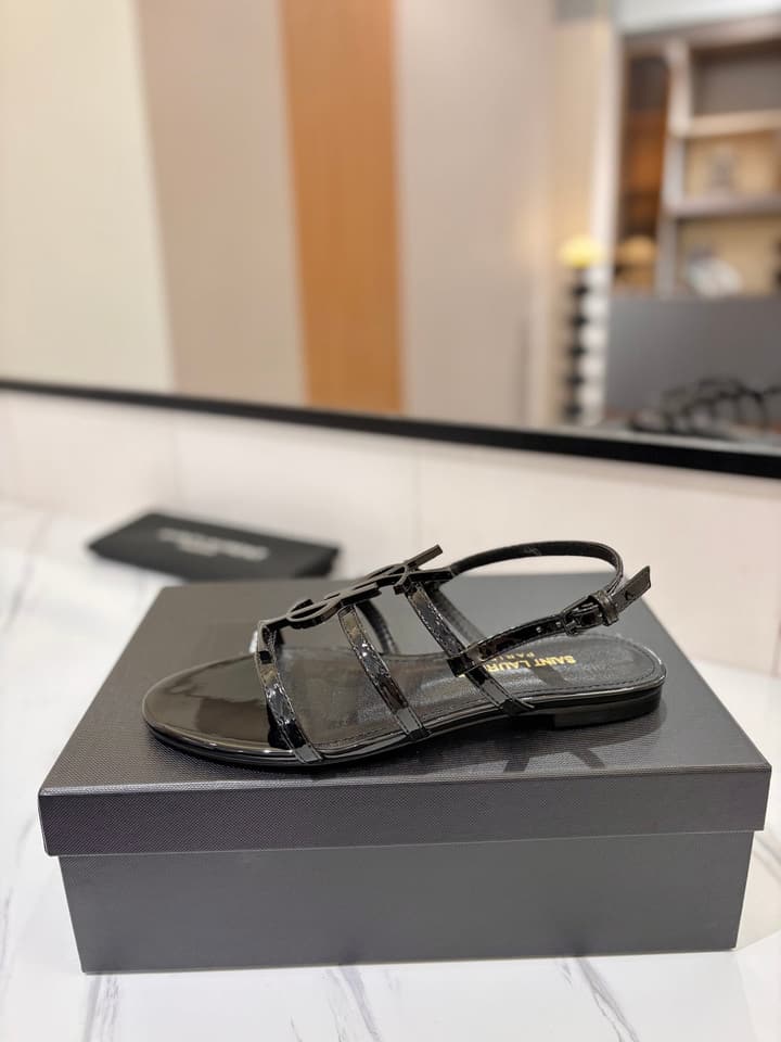 Saint Laurent YSL Metal Logo Heeled Sandals in Matte Black Criss-cross Strap Sandal