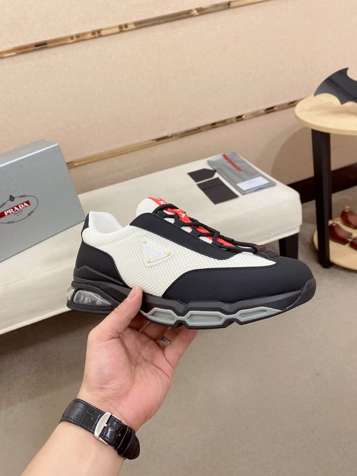 Prada Men's Leather Mesh Sneakers – New Collection in Light Grey With White Logo