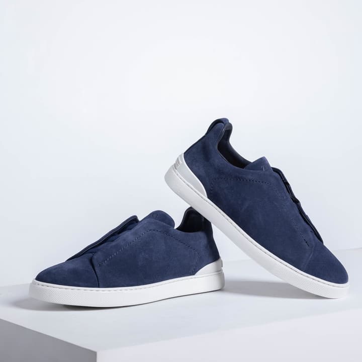 Zegna SECONDSKIN Triple Stitch Low-Top Sneakers in Navy Smooth Leather