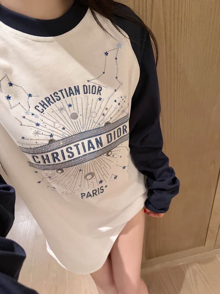 Dior Constellation Print Rhinestone Raglan T-Shirt in White With Navy Blue Sleeves