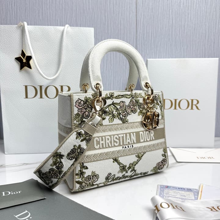 Dior Lady Dior 5-Grid Hand-Embroidered Handbag in Black Embroidered Toile