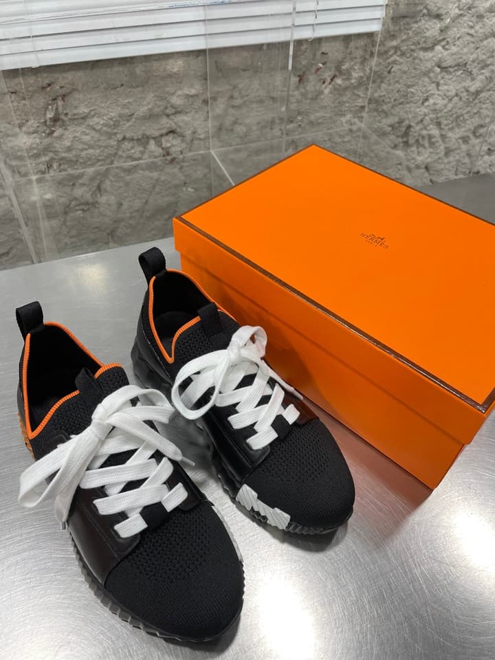Hermès Sport Sneakers – Iconic Orange Edge in Black Knit With Black Laces