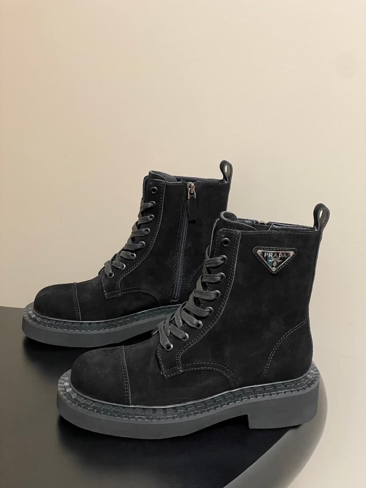 Prada Triangle Logo Combat Boots – 25SS in Black Suede
