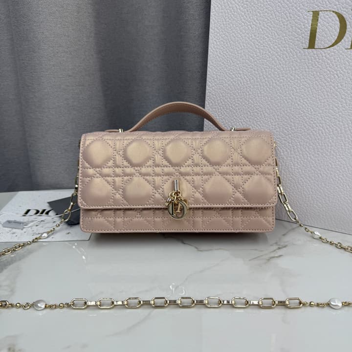 Dior Lady Dior Pearlescent Lambskin Pearl Clutch Bag in Light Nude Beige