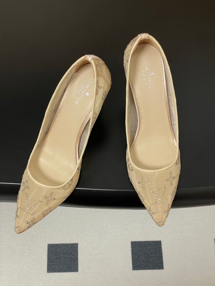 Louis Vuitton Gala Mesh Rhinestone High Heels – 25SS in Beige Monogram Lace