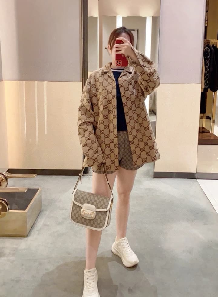 Gucci Double G Jacquard Collared Long Sleeve Shirt Jacket – 25SS in Khaki Double G Jacquard