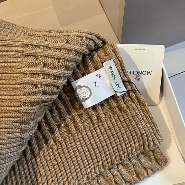 Moncler Knitted Scarf Hat Set in Camel Knit
