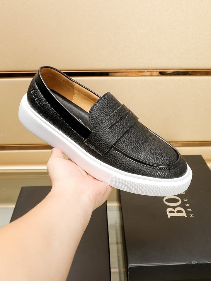 Boss Men's Luxury Leather Slip-On Loafers in Black Smooth Leather