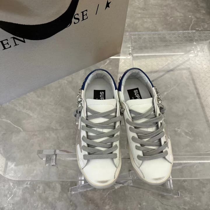 Golden Goose Superstar Diamond Tail Sneakers – 2023 Autumn/Winter in Distressed White With Royal Blue Rhinestone Heel