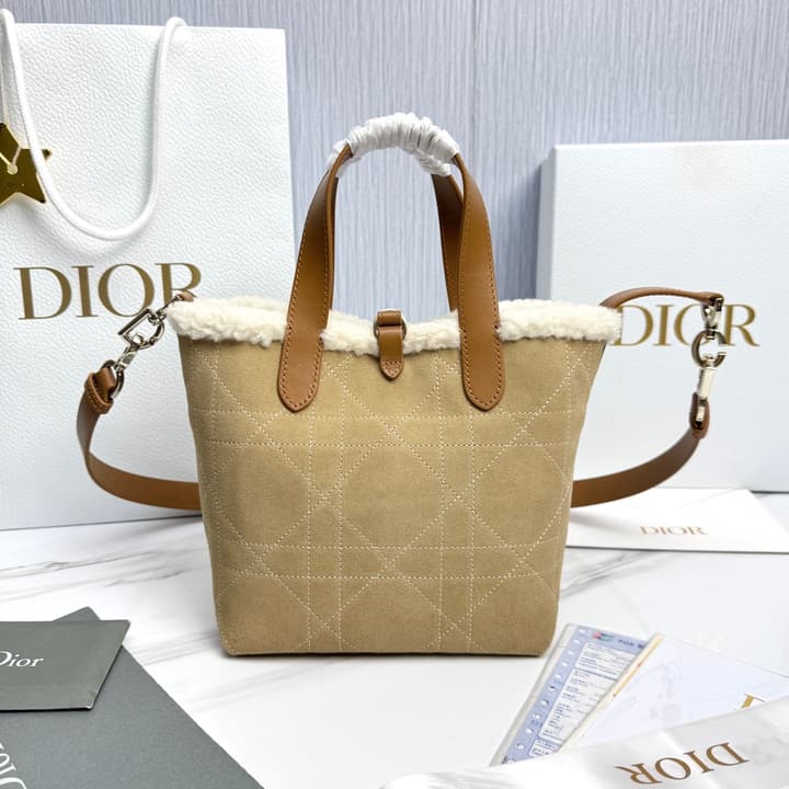 Dior Small Toujours Vertical Shearling Handbag in Tan Furry Tote