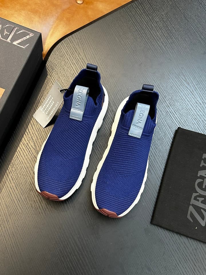 Zegna Techmerino Slip-On Sneakers in Dark Navy With Green Accent