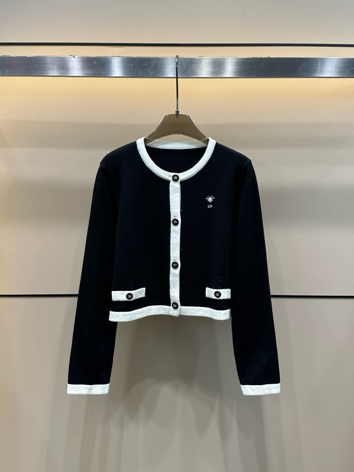 Dior CD Bee Embroidery Knit Cardigan in Black With White Trim