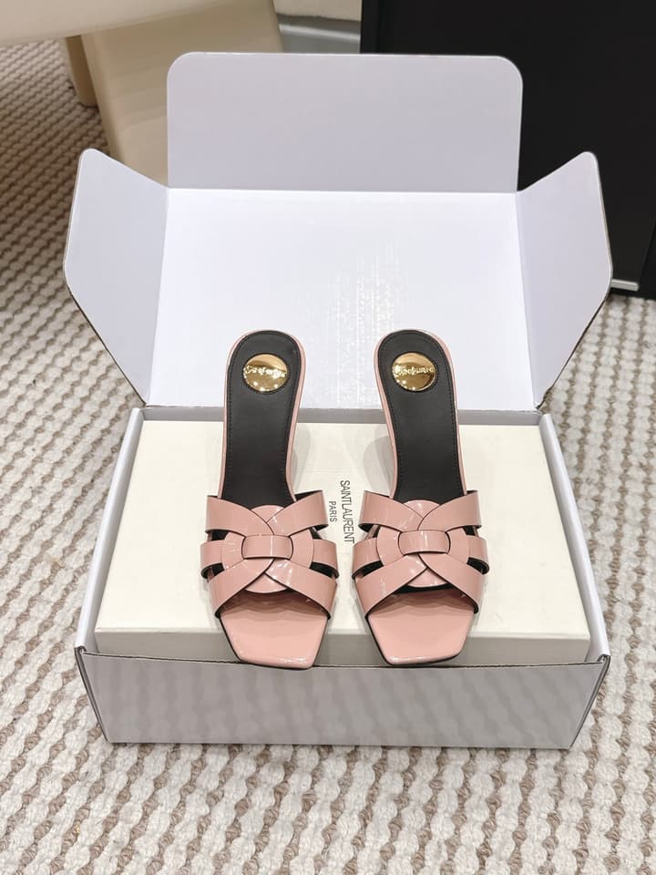 Saint Laurent Melody Square-Toe Heeled Sandals – 2026 Spring/Summer Collection in Beige Patent