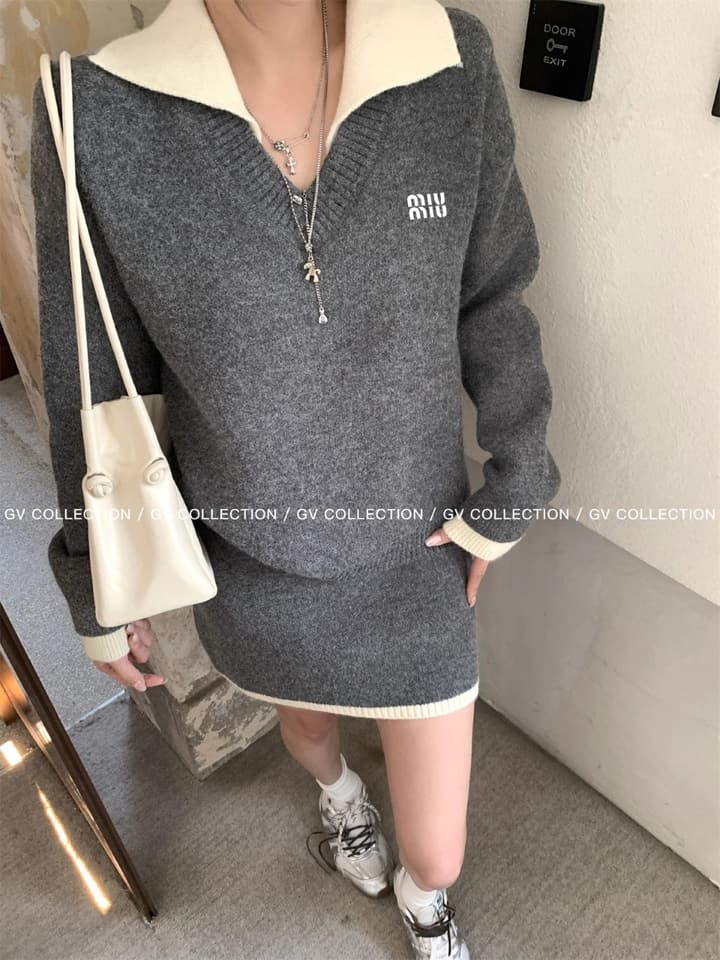 Miu Miu Contrast Collar Knit Set in Grey Knit With Off-white Trim