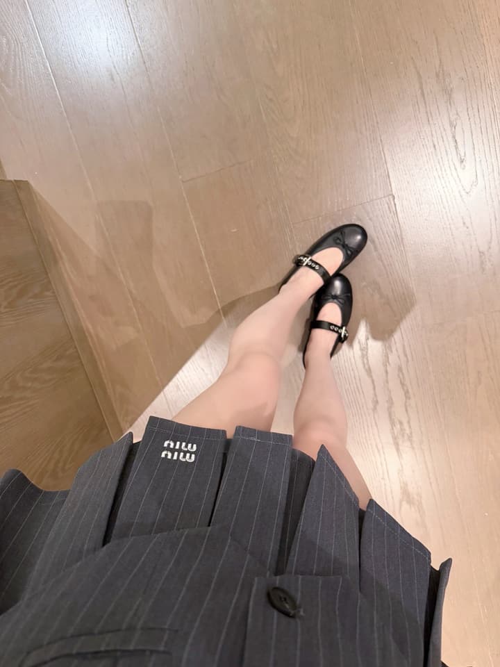 Miu Miu Embroidered Striped Vest & Pleated Skirt Set in Grey
