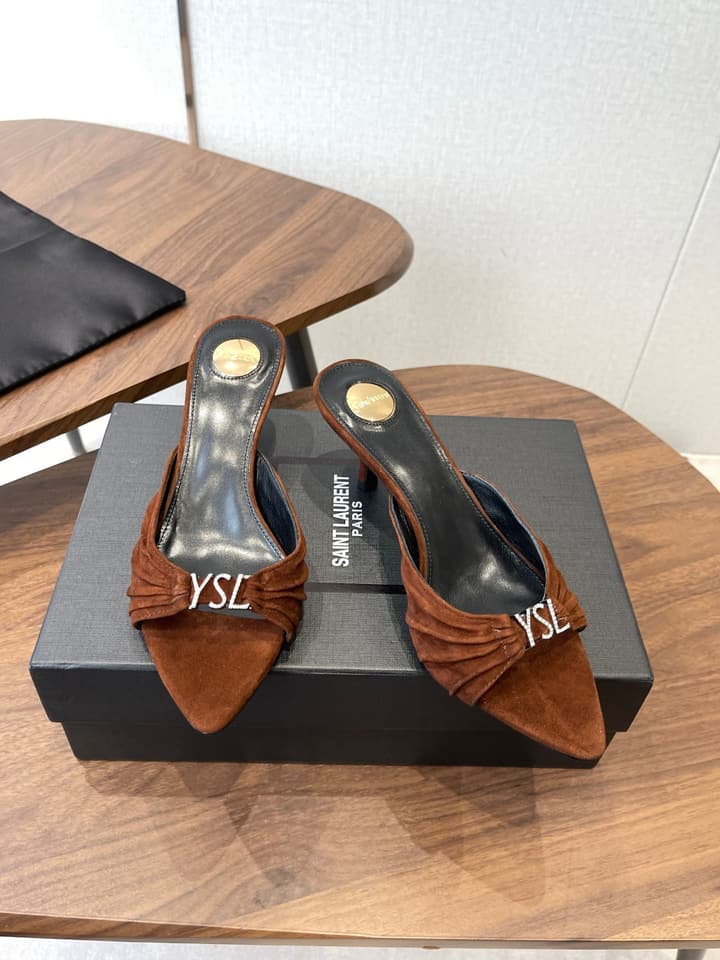 Saint Laurent Pointed Toe Stiletto Heeled Sandals – 26SS in Black - Gold Logo Plaque