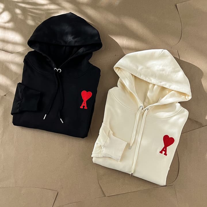 Ami Paris Ami De Coeur Heart Embroidery Hoodie in Beige