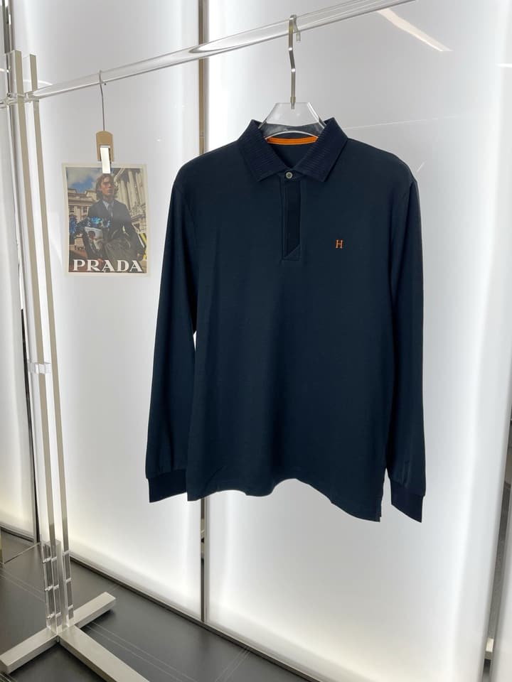 Hermès Men's Casual Long Sleeve Polo Shirt in Dark Navy Polo