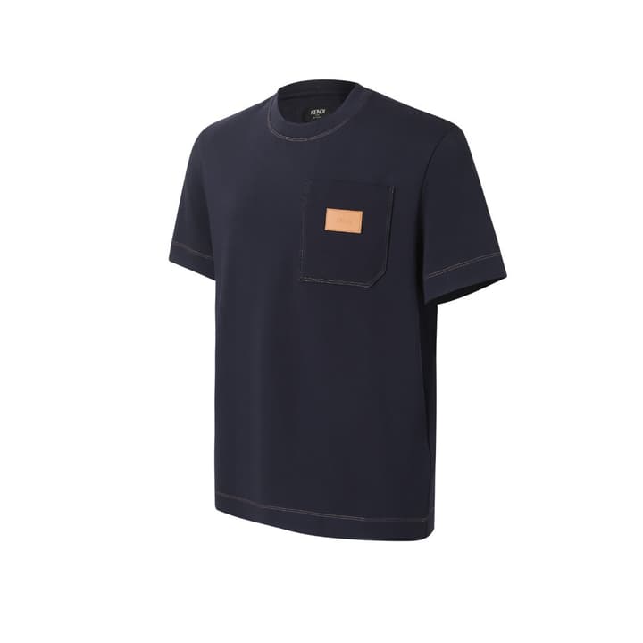 Fendi Leather Patch Short-Sleeve T-Shirt in Navy Blue