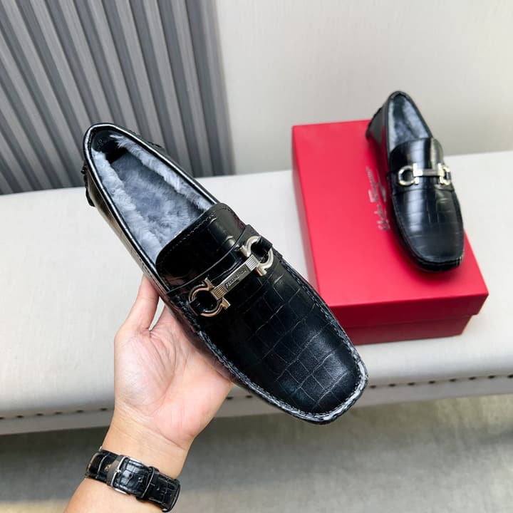 Ferragamo Imported Cowhide Fur-Lined Loafers in Black Patent Leather