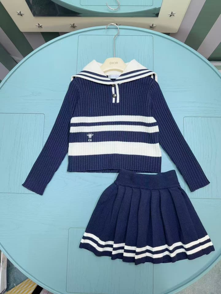 Dior Girls' Knit Cardigan and Skirt Set – 2025SS in Navy Blue With White Stripe