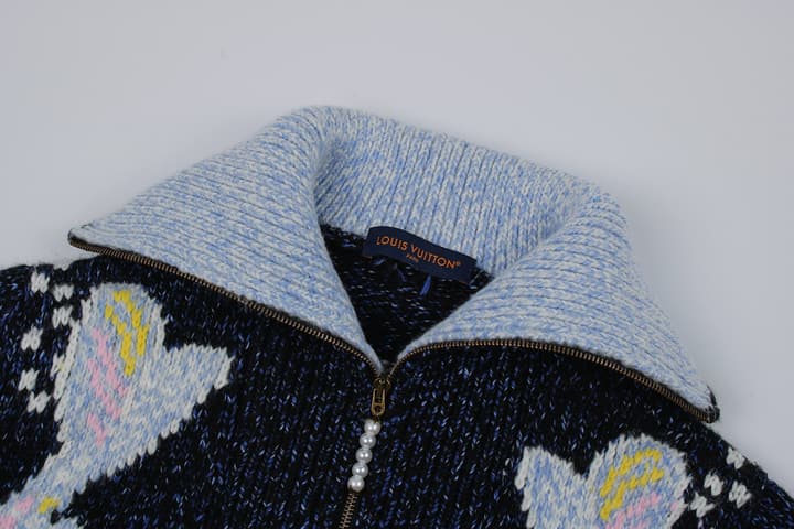 Louis Vuitton Mohair Knit Zipper Cardigan – 25SS in Navy Knit With Fish Motif