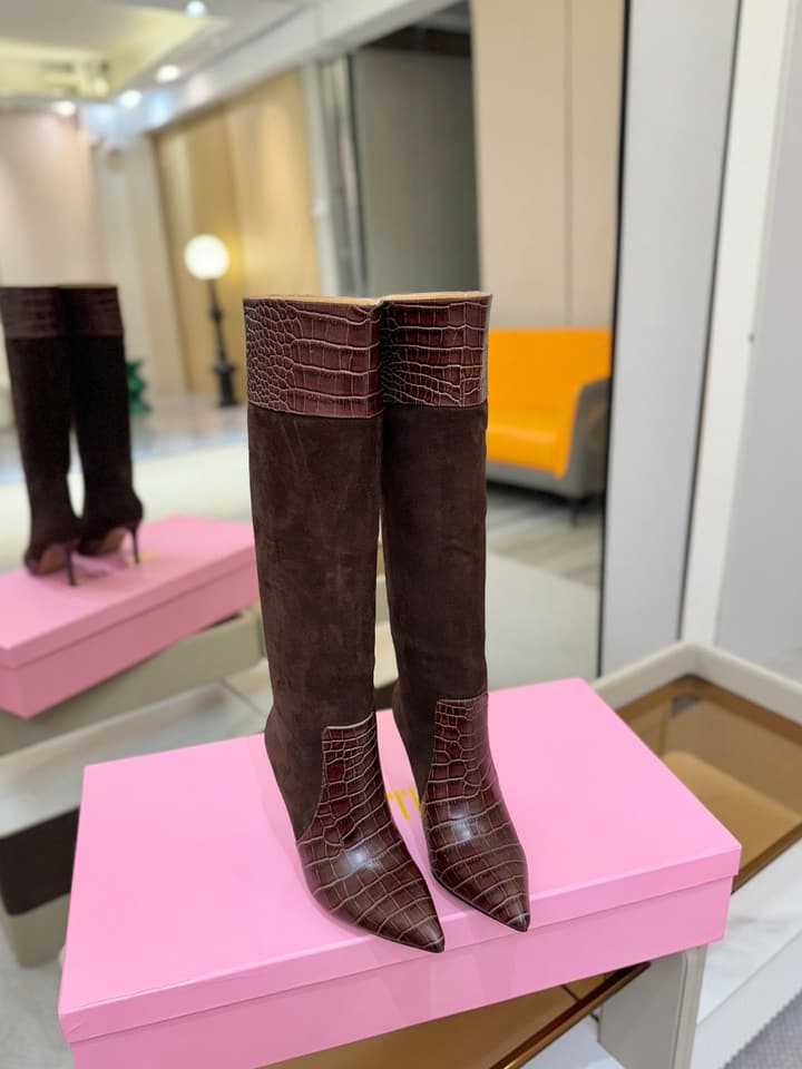 Paris Texas Crocodile Embossed Stiletto Knee-High Boots in Black Suede And Leather