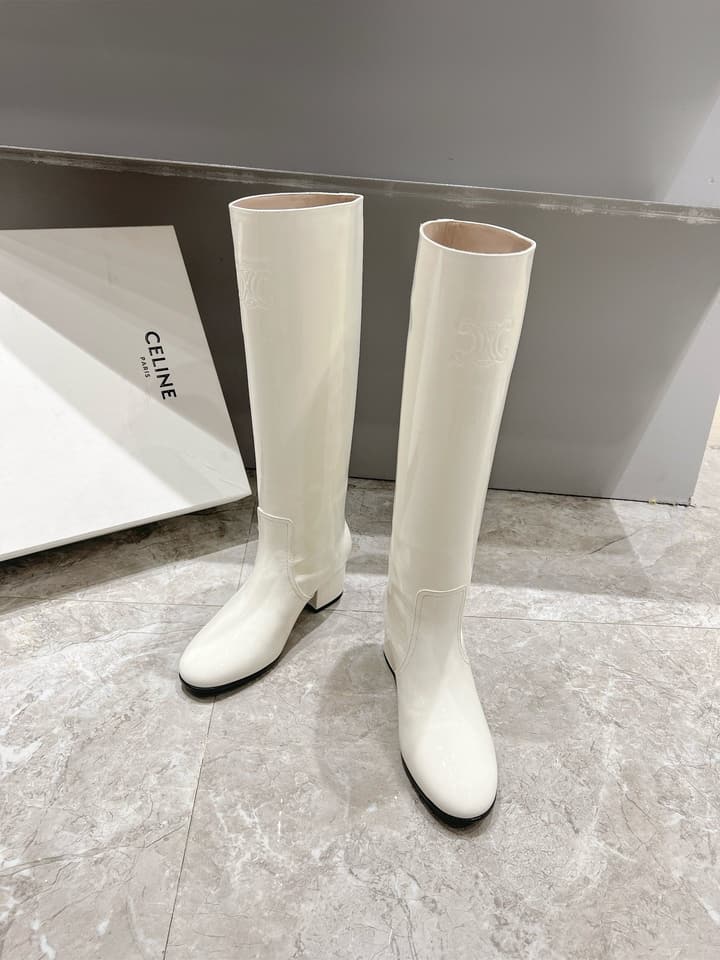 Celine Retro Chunky Heel Knee-High Boots – 24FW in Cream White