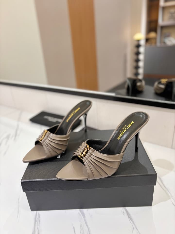 Saint Laurent Crystal Chain Heeled Sandals – 2025 Spring/Summer Collection in Beige
