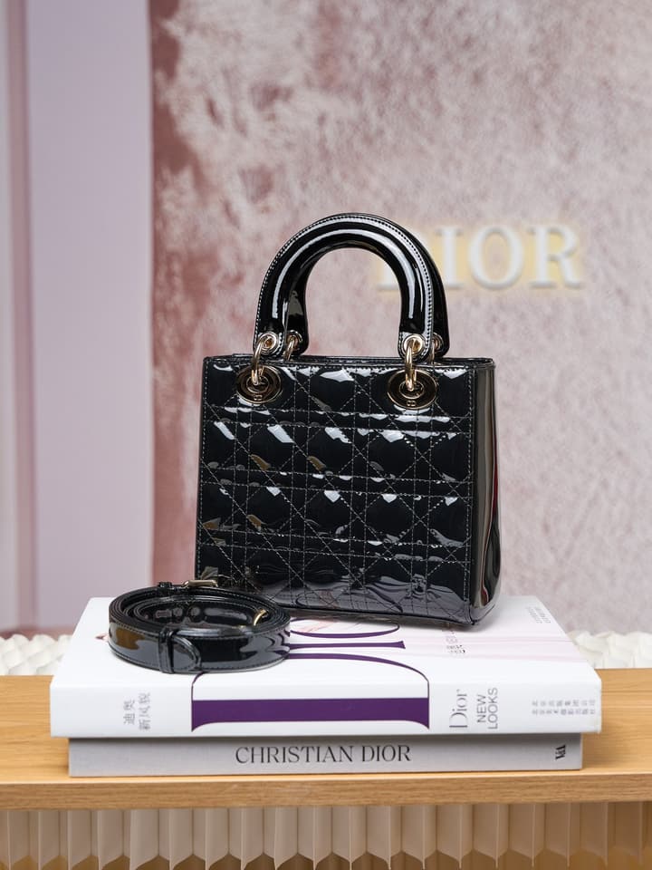 Dior Lady Dior Handbag in Black Patent Leather
