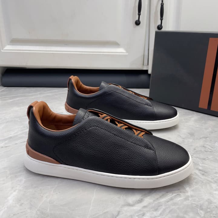 Zegna Triple Stitch Low-Top Sneakers in Navy Blue