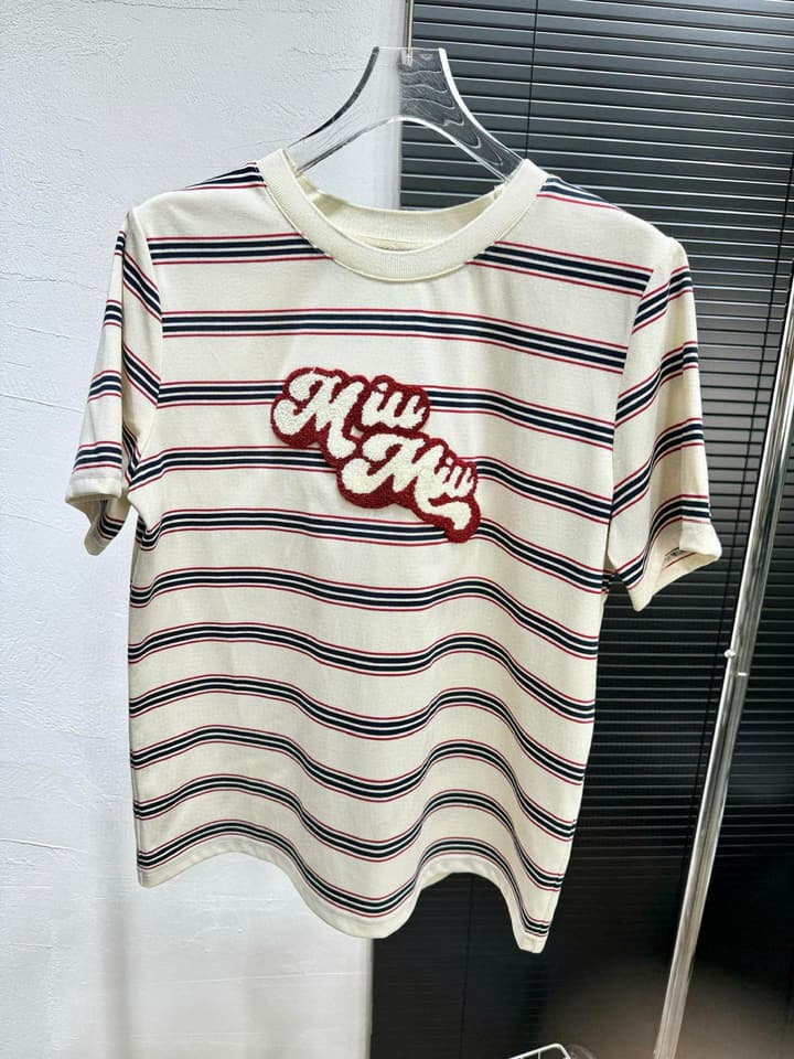 Miu Miu Embroidered Striped T-Shirt in Cream Striped