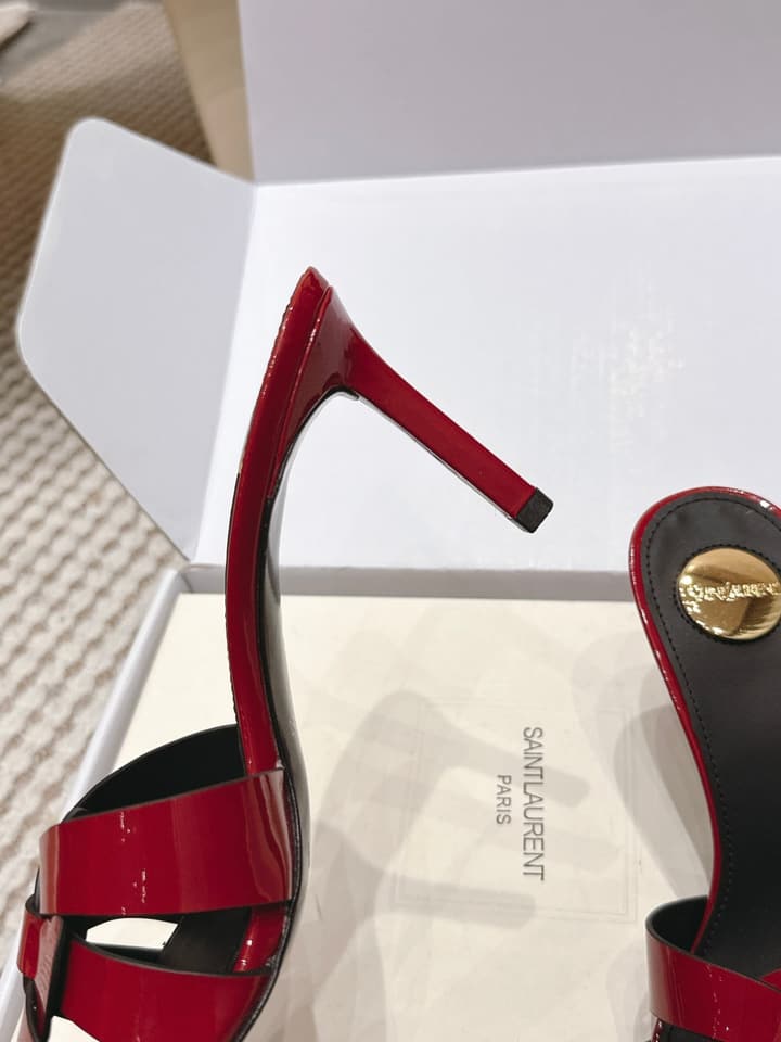 Saint Laurent Melody Square-Toe Heeled Sandals – 2026 Spring/Summer Collection in Beige Patent