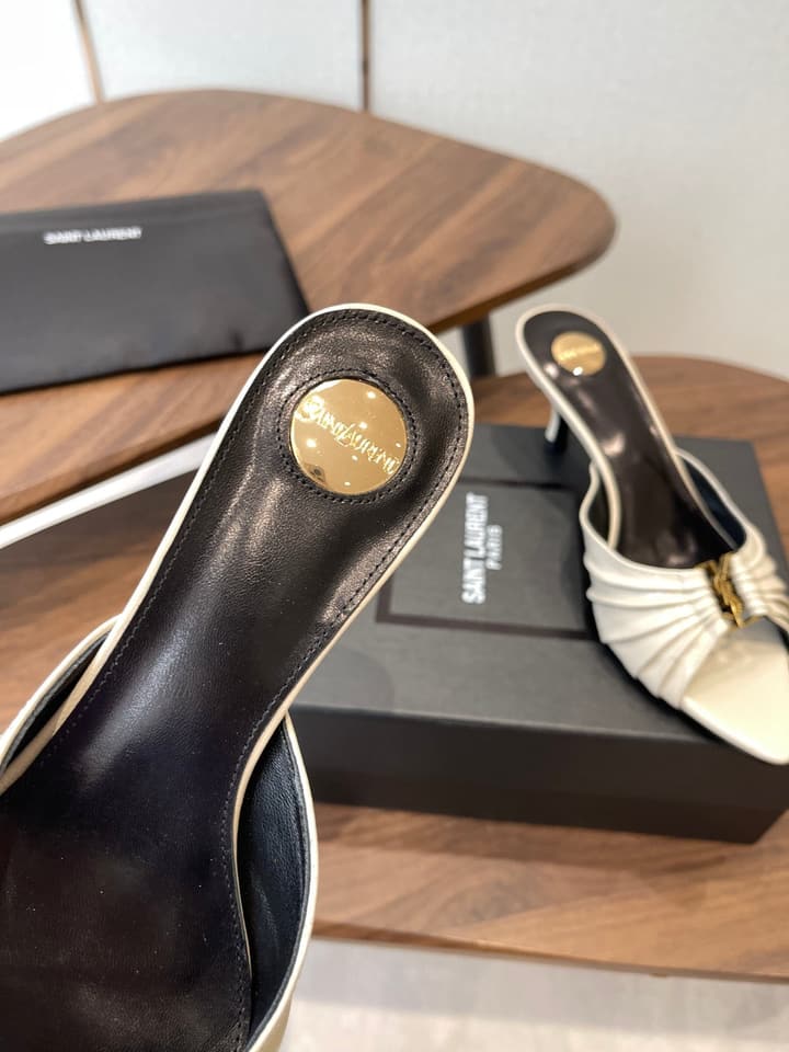 Saint Laurent Pointed Toe Stiletto Heeled Sandals – 26SS in Black - Gold Logo Plaque