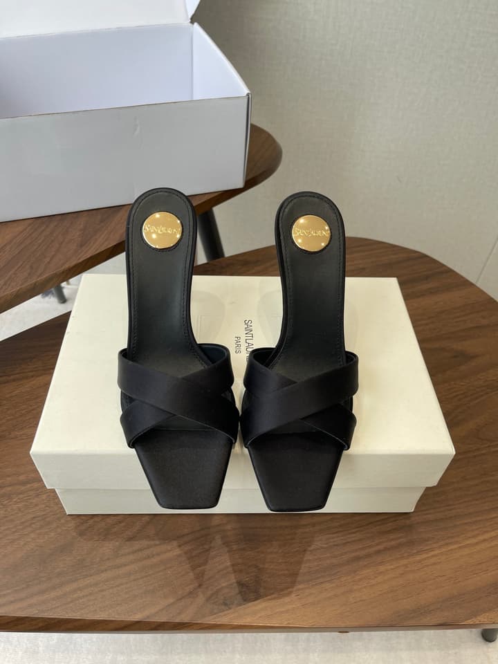 Saint Laurent Opyum Satin Heeled Mules – Early Spring Collection – 26S in Champagne Gold