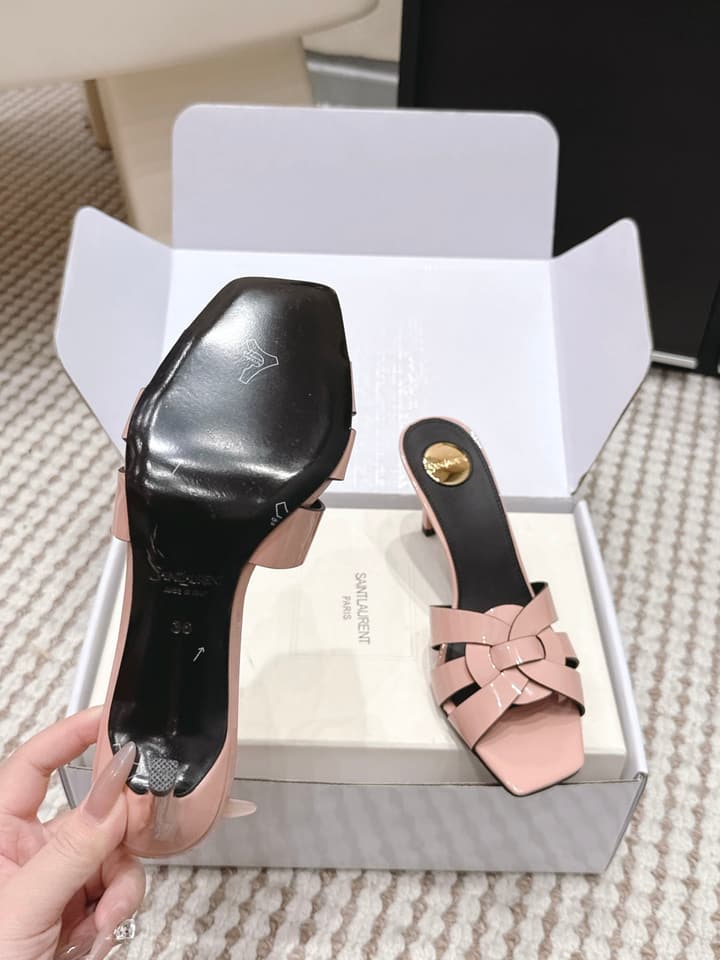 Saint Laurent Melody Square-Toe Heeled Sandals – 2026 Spring/Summer Collection in Beige Patent
