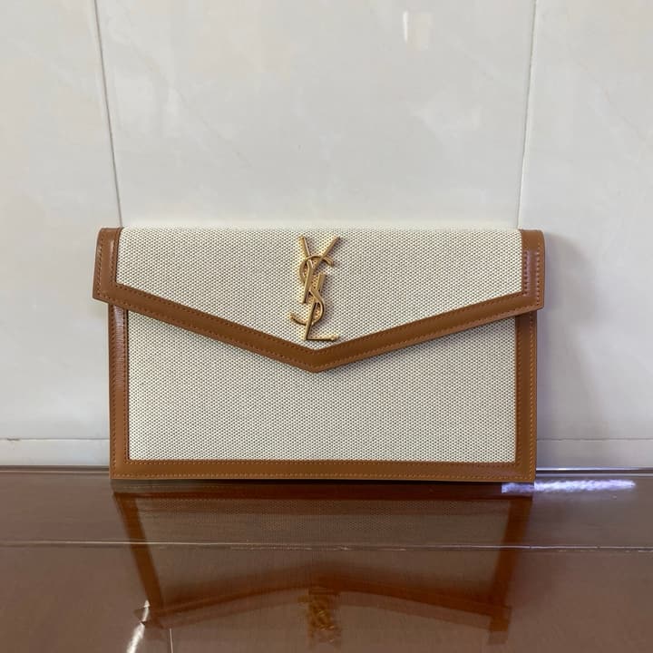 Saint Laurent Uptown Canvas Clutch Bag in Canvas With Caramel Trim