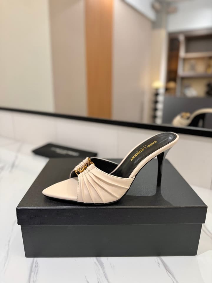 Saint Laurent Crystal Chain Heeled Sandals – 2025 Spring/Summer Collection in Beige