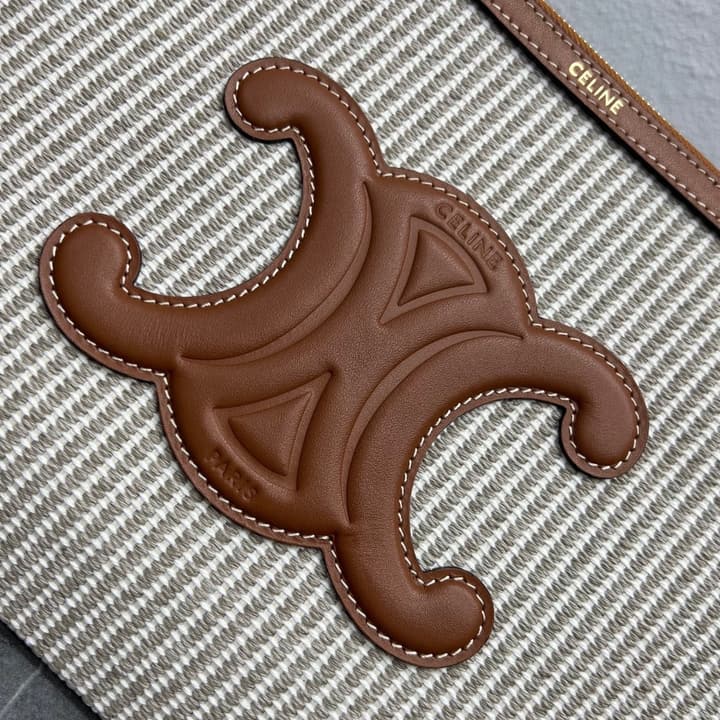 Celine Striped Woven Clutch Bag in Striped Canvas With Brown Logo