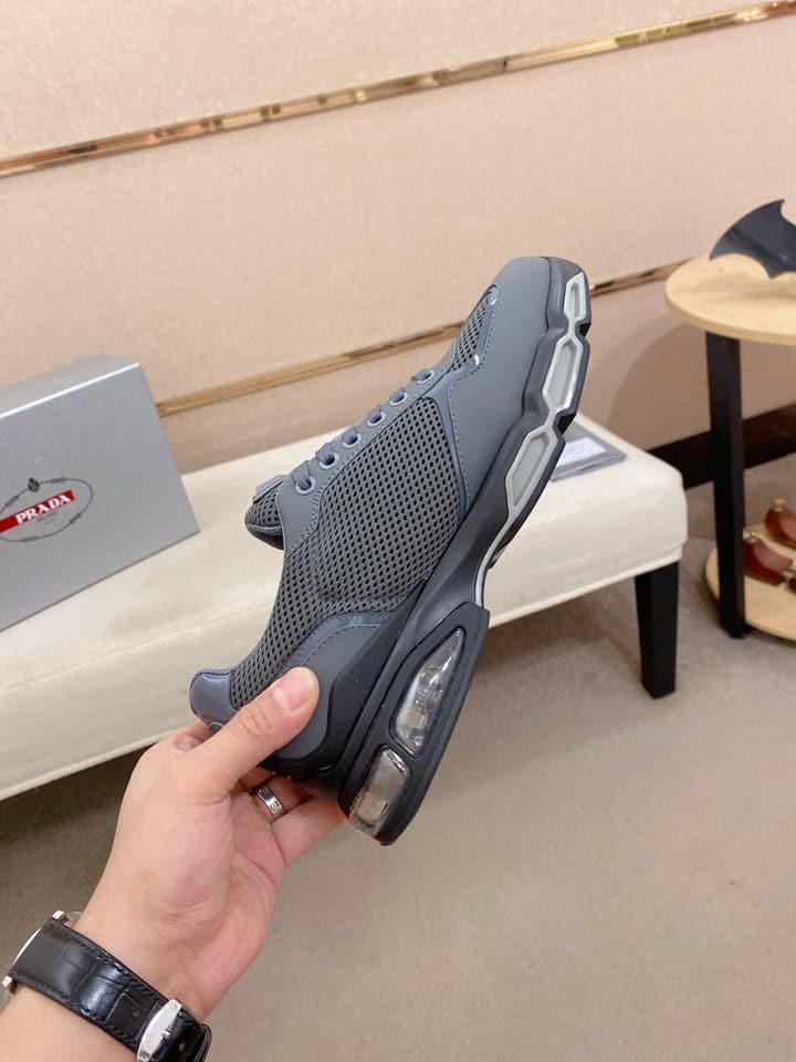 Prada Men's Leather Mesh Sneakers – New Collection in Light Grey With White Logo