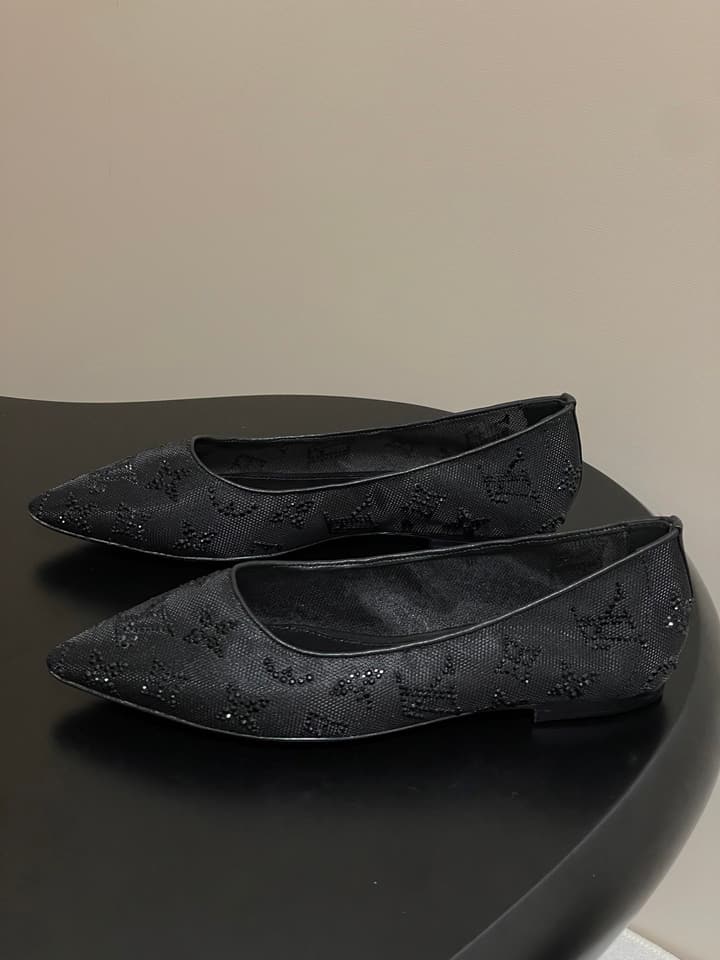 Louis Vuitton Mesh Crystal Pointed-Toe Flats – 25SS Summer Collection in Black Patterned