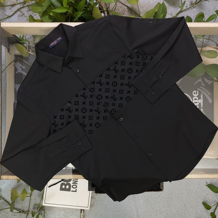 Louis Vuitton Flocked Logo Patchwork Long Sleeve Shirt – 2025 Collection in Black Flocked Monogram Shirt