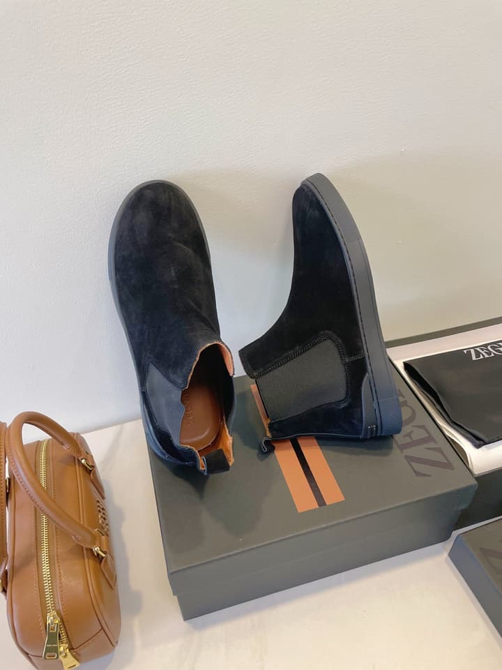 Zegna COUTURE Triple Stitch Leather Sneakers in Black Suede With Dark Sole