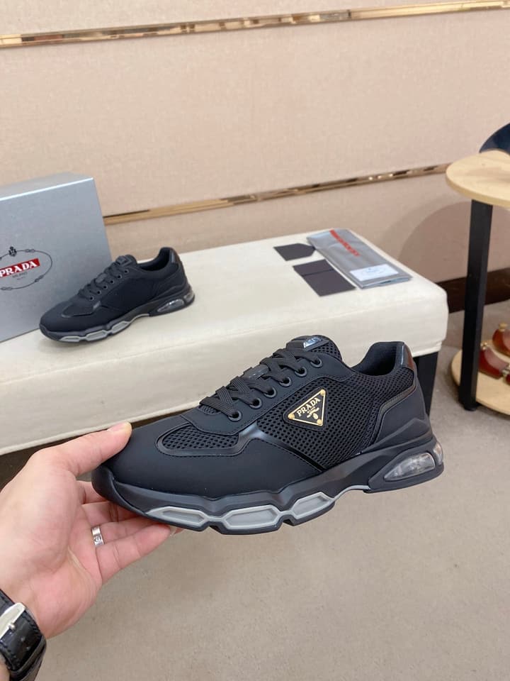 Prada Men's Leather Mesh Sneakers – New Collection in Light Grey With White Logo