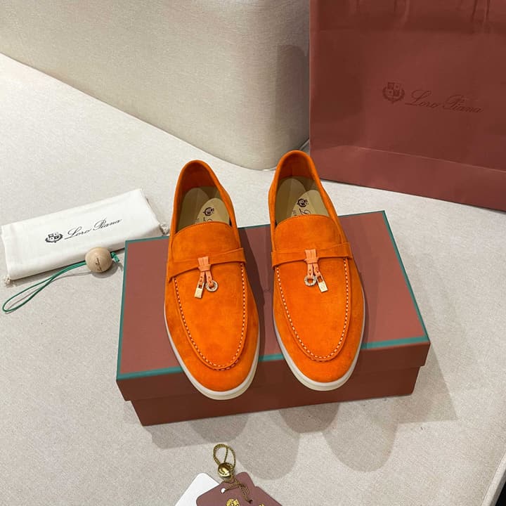 Loro Piana Summer Charms Walk Moccasin Loafers in Bright Orange Leather
