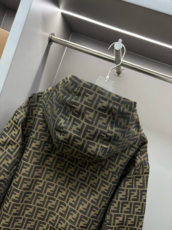 Fendi FF Jacquard Hooded Thin Jacket in Olive Brown Ff Jacquard